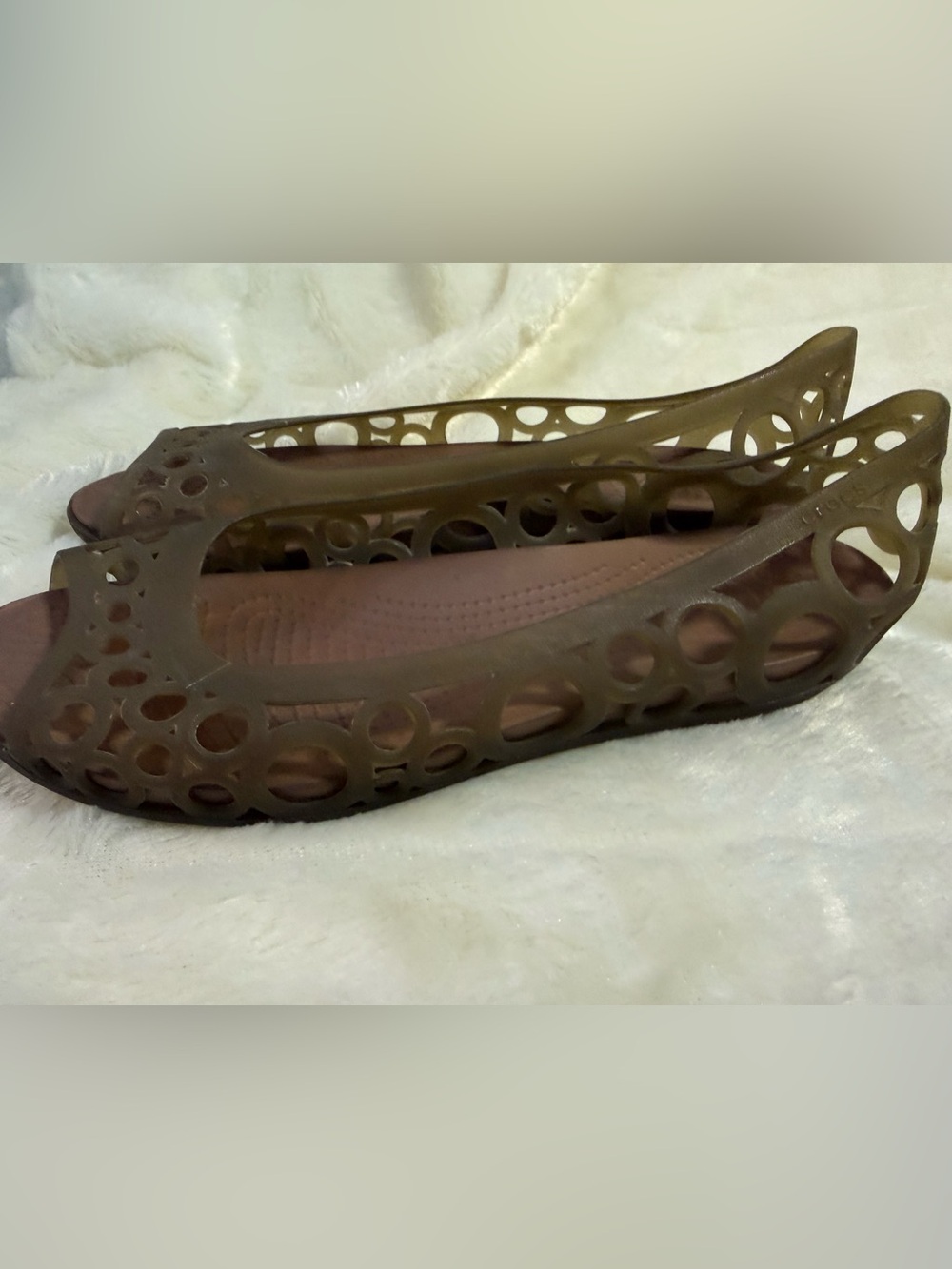 Crocs Shoes Wm 10 Adrina Peep Toe Flats Bronze Brown Jelly Rubber Ballet